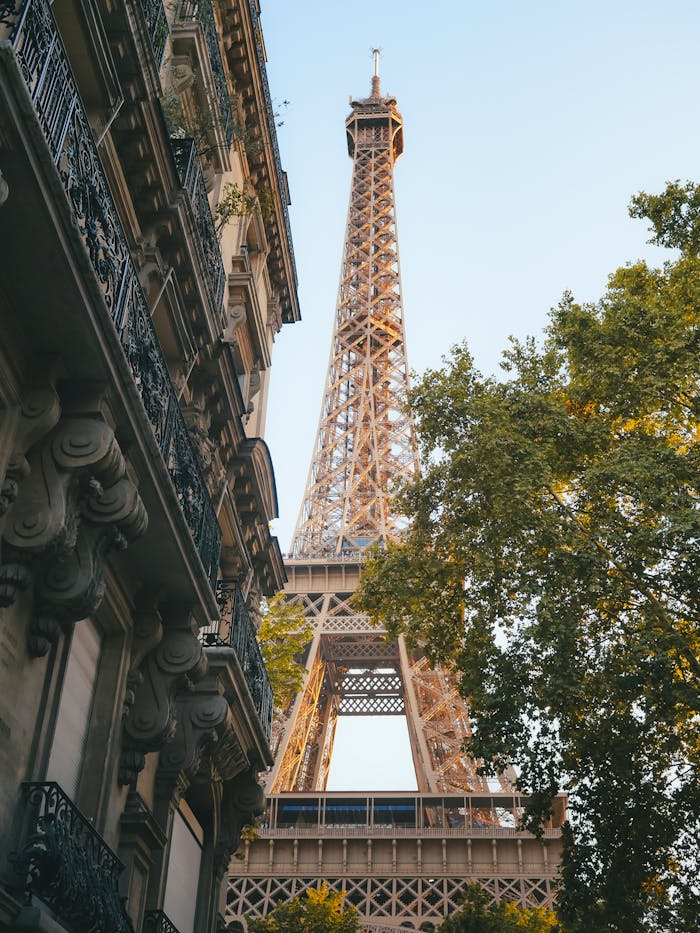 View of the Eiffel Tower through historic Parisian buildings surrounded by trees at sunset.